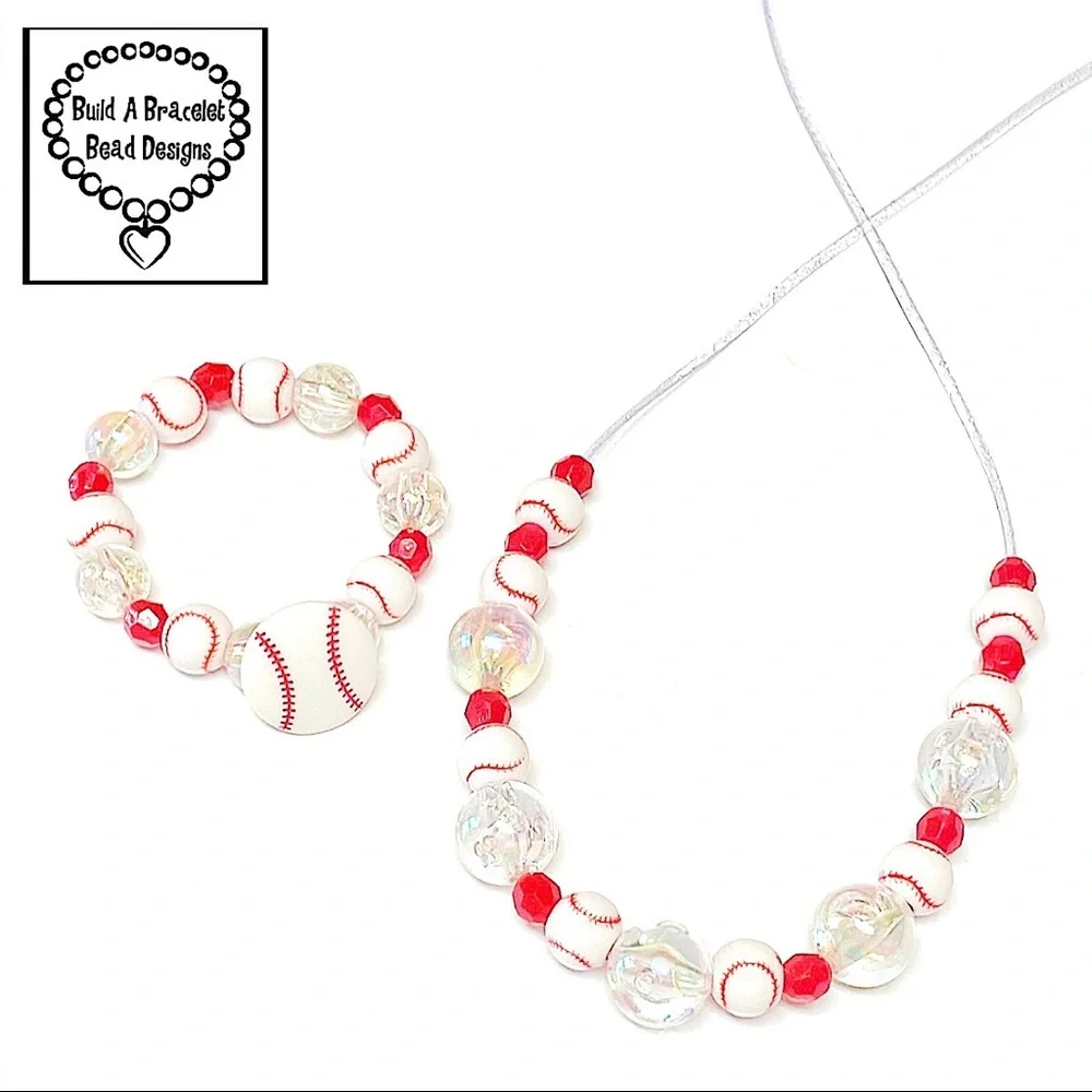 Handmade Baseball Necklace Bracelet Set Red White Beaded Sports Jewelry Gift